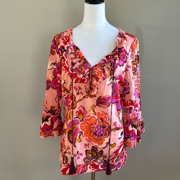 Tory Burch Tops - Tory Burch Gwenna Orange Pink 3/4 Sleeve Tassel Tie Floral Blouse Top Size 10